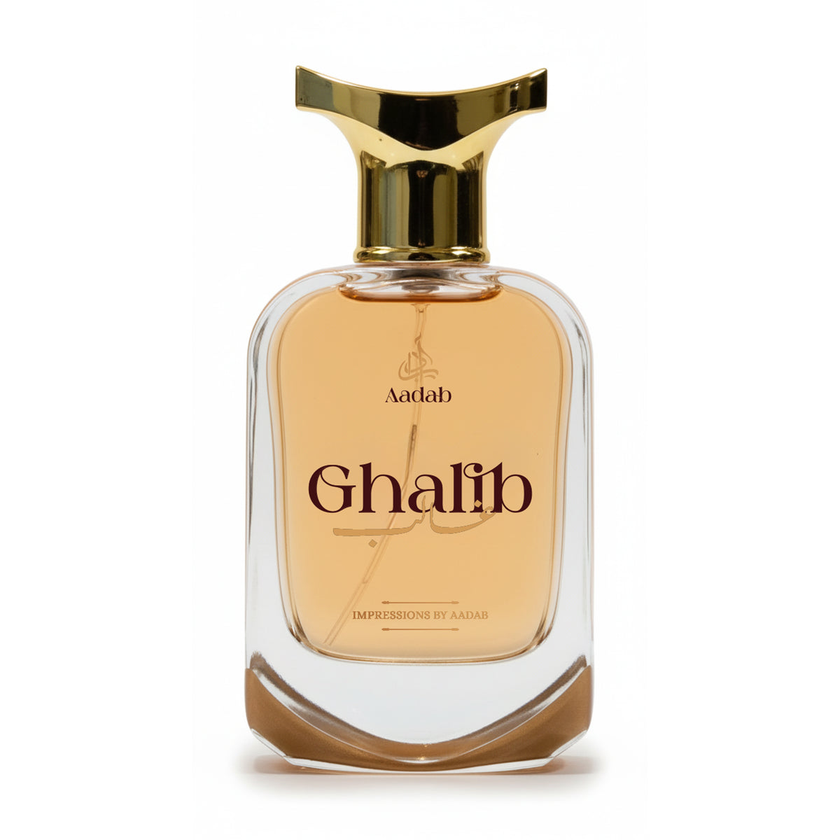 Aadab Ghalib — 50ml fresh woody extrait de parfum for men, in a clear glass bottle with a flat gold cap