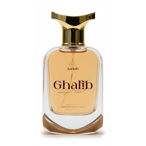 Aadab Ghalib — 50ml fresh woody extrait de parfum for men, in a clear glass bottle with a flat gold cap