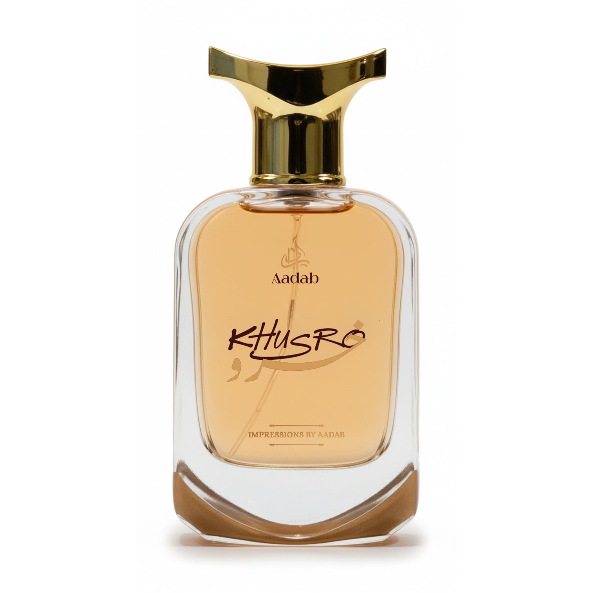 Aadab Khusro — 50ml amber and leather extrait de parfum for men, in a clear glass bottle with a flat gold cap