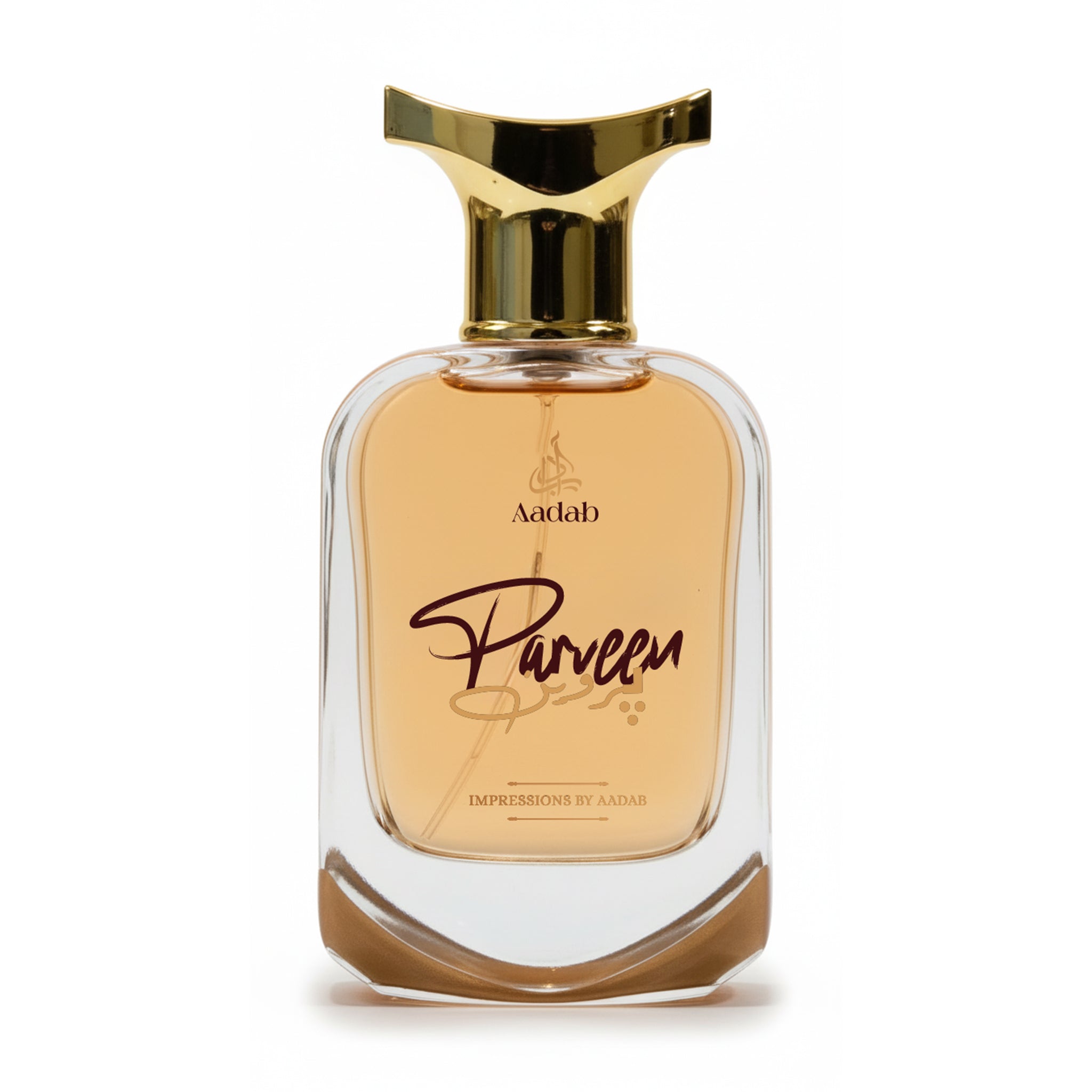 Aadab Parveen — 50ml rose and sandalwood extrait de parfum for women, in a clear glass bottle with a flat gold cap