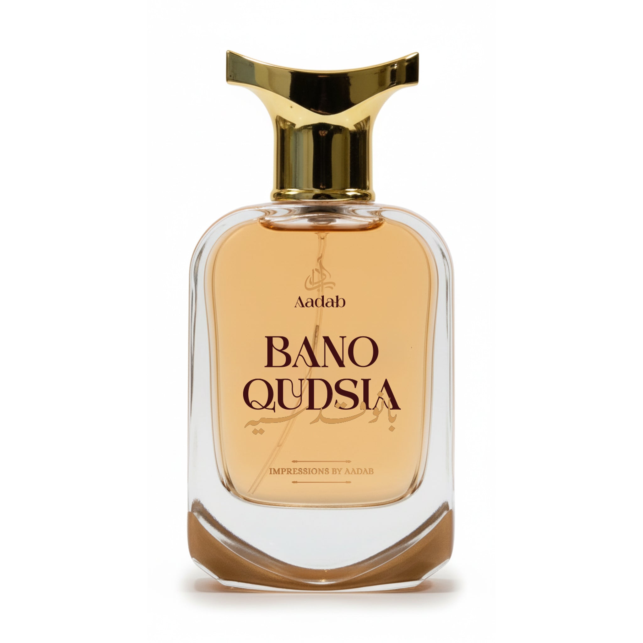 Aadab Bano Qudsia — 50ml floral vanilla extrait de parfum for women, in a clear glass bottle with a flat gold cap