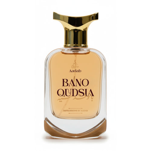 Aadab Bano Qudsia — 50ml floral vanilla extrait de parfum for women, in a clear glass bottle with a flat gold cap