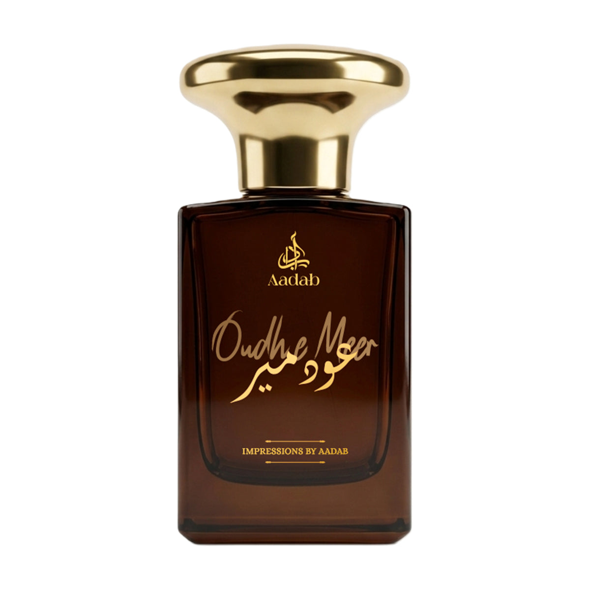 Aadab Oudh e Meer — 50ml oud and musk unisex extrait de parfum, in an amber glass bottle with a domed gold cap