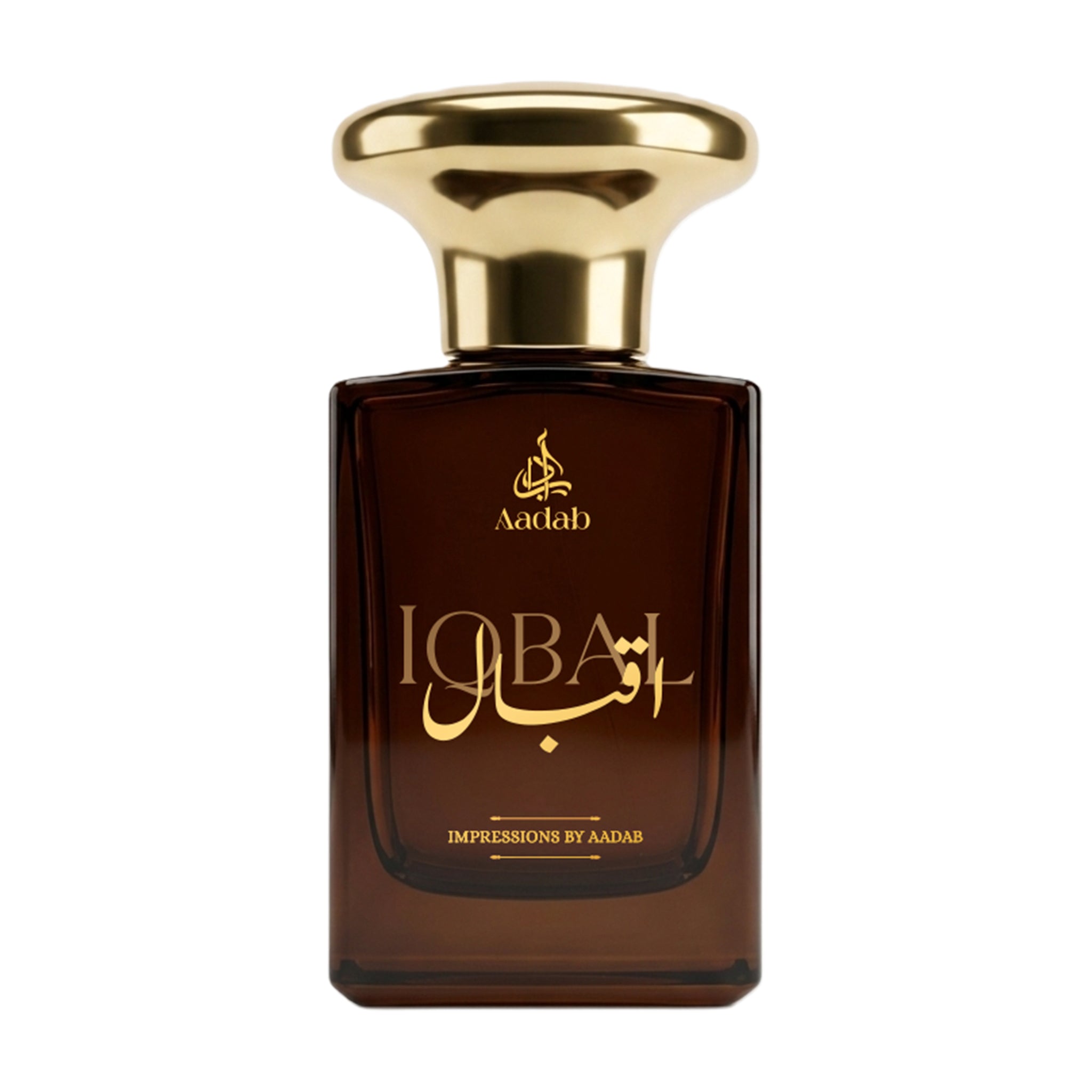 Aadab Iqbal — 50ml oud and rose extrait de parfum for men, in an amber glass bottle with a domed gold cap