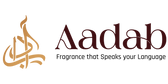 Aadab fragrance logo on a white background, featuring a gold Arabic calligraphy emblem and the brand name 'Aadab' in dark brown with the tagline 'Fragrance that Speaks your Language'.